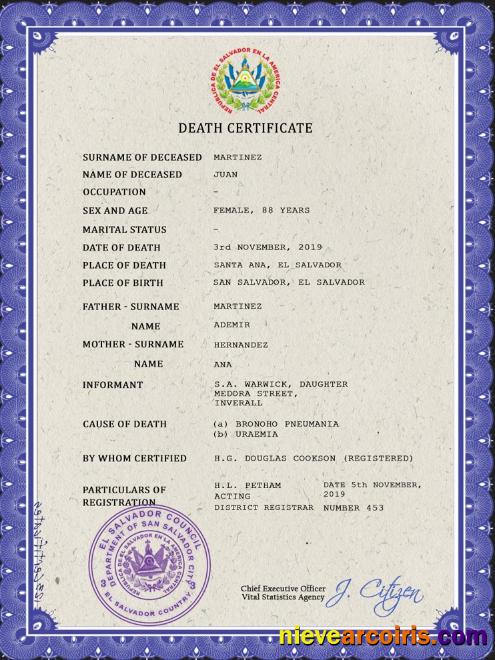 El Salvador vital record death certificate